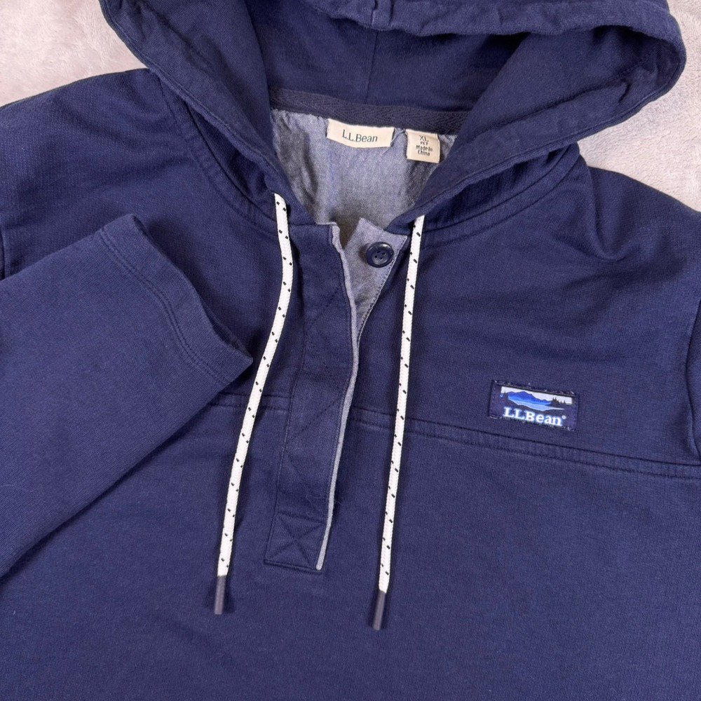 LL Bean Navy Blue Cotton Henley Hoodie Sweatshirt XL Petite 504299*